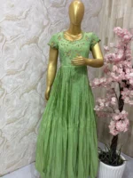 Tissue gown with maggam work yoke in pista green