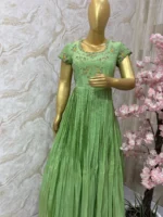 Tissue gown with maggam work yoke in pista green