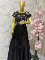 Pure chiffon long gown with sequin over coat in black