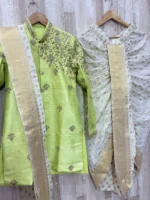 Raw silk men's sherwani with beautiful maggam work & matching dhoti and kanduva