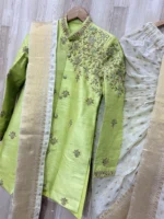 Raw silk men's sherwani with beautiful maggam work & matching dhoti and kanduva
