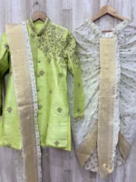 Raw silk men's sherwani with beautiful maggam work & matching dhoti and kanduva