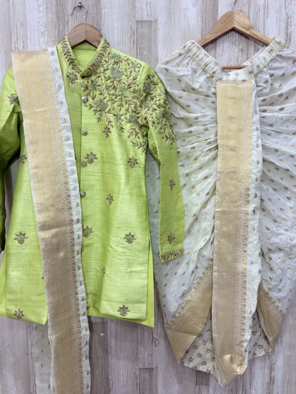 Raw silk men's sherwani with beautiful maggam work & matching dhoti and kanduva