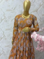 Floral long gown with beautiful maggam work on yoke part