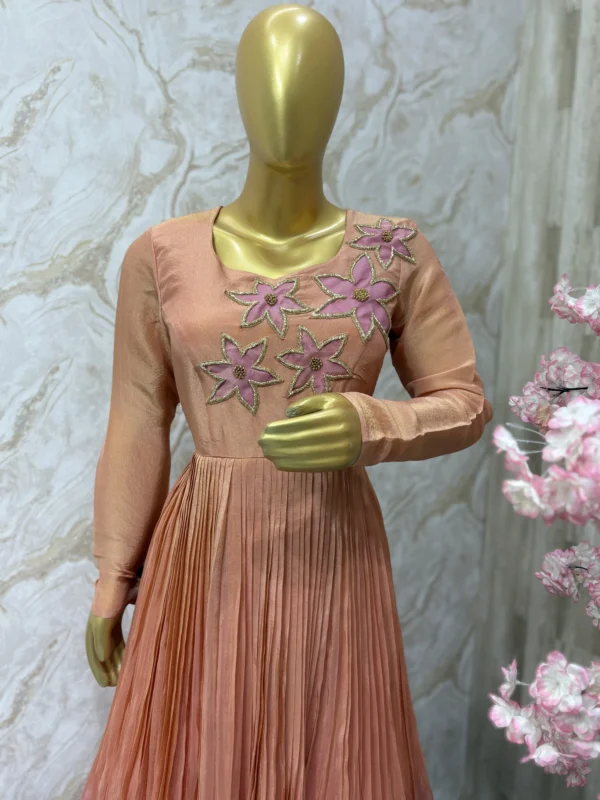 Dual shade long gown with beautiful maggam work on yoke part