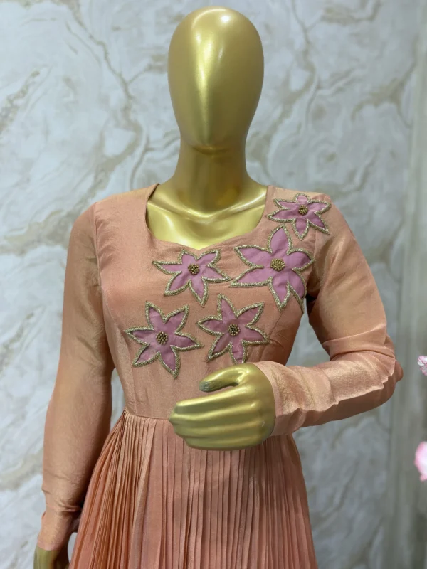 Dual shade long gown with beautiful maggam work on yoke part