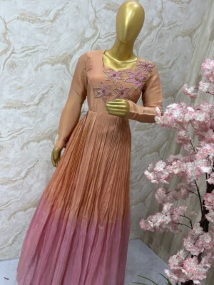 Dual shade long gown with beautiful maggam work on yoke part