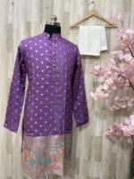 Pure munga crepe mens kurta with outline work on border paired with pijama