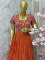 Dual shade long gown with rich maggam work floral yoke part
