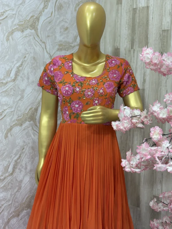 Dual shade long gown with rich maggam work floral yoke part