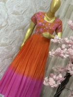 Dual shade long gown with rich maggam work floral yoke part