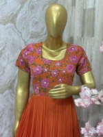Dual shade long gown with rich maggam work floral yoke part