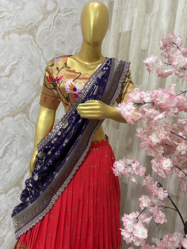 Beautiful red colour pithani lehenga with rich border and dupatta