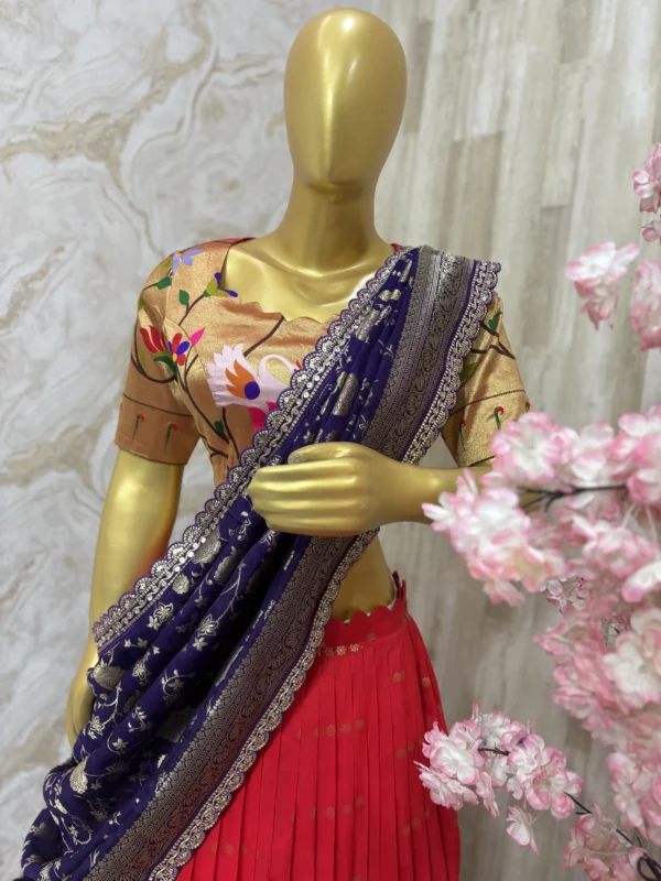 Beautiful red colour pithani lehenga with rich border and dupatta