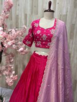 Pure crepe lehenga paired with beautiful maggam work blouse & hand work tissue dupatta