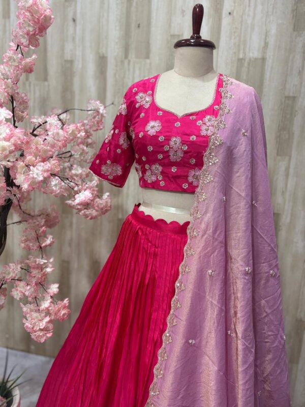 Pure crepe lehenga paired with beautiful maggam work blouse & hand work tissue dupatta