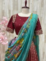 Beautiful lehenga paired with heavy maggam work blouse and kalamkari dupatta