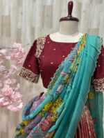 Beautiful lehenga paired with heavy maggam work blouse and kalamkari dupatta