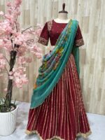 Beautiful lehenga paired with heavy maggam work blouse and kalamkari dupatta