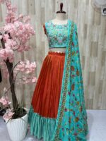 Tissue legenga paired with heavy maggam work blouse and kalamkari dupatta