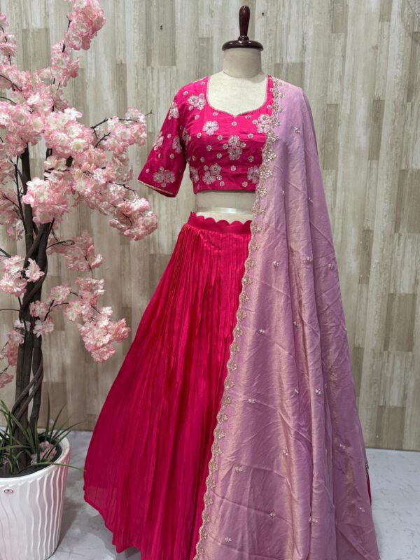 Pure crepe lehenga paired with beautiful maggam work blouse & hand work tissue dupatta