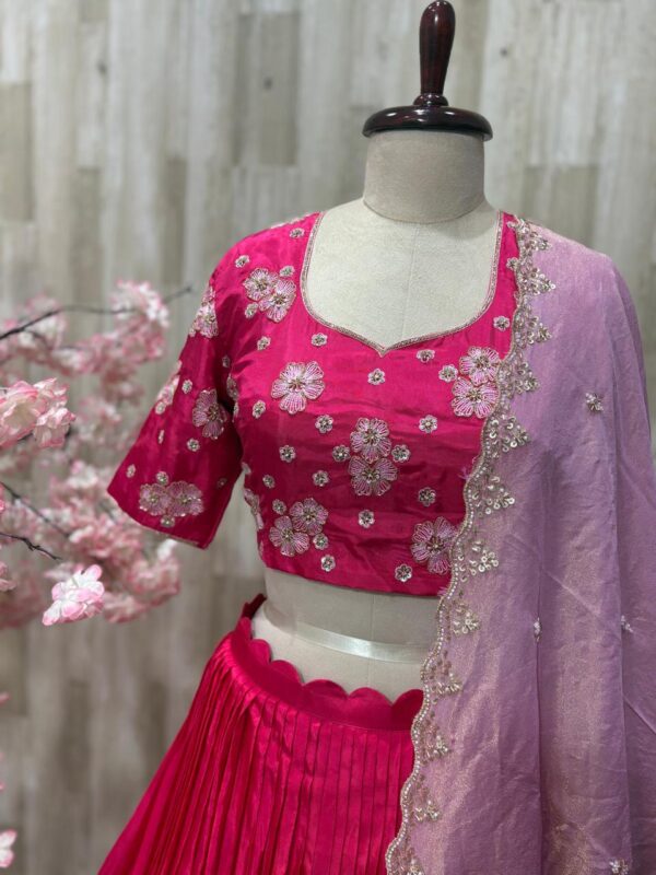 Pure crepe lehenga paired with beautiful maggam work blouse & hand work tissue dupatta