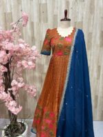 Soft chanderi silk kalamkari long gown with beautiful pattern paired with chiffon dupatta