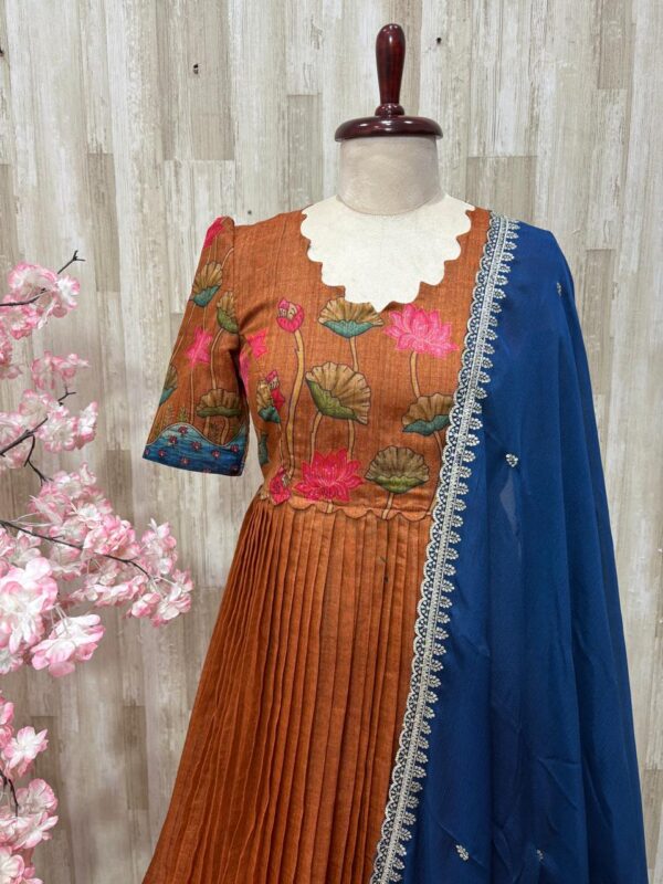 Soft chanderi silk kalamkari long gown with beautiful pattern paired with chiffon dupatta