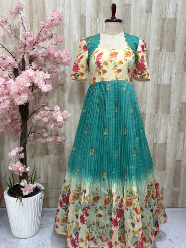 Digital printed mul chanderi long gown with heavy flare