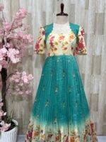 Digital printed mul chanderi long gown with heavy flare