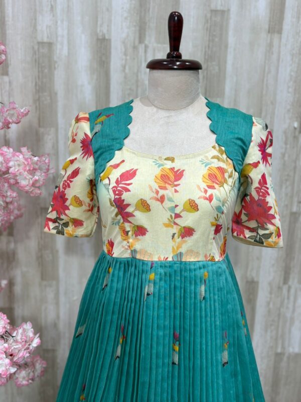 Digital printed mul chanderi long gown with heavy flare