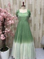 Dual shade georgette long gown with heavy flare & floral bead work on yoke part