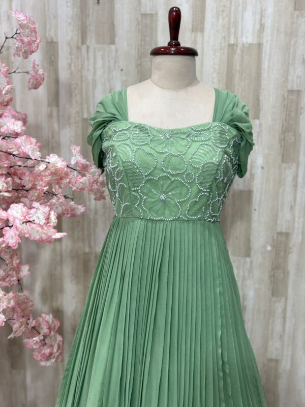 Dual shade georgette long gown with heavy flare & floral bead work on yoke part