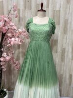 Dual shade georgette long gown with heavy flare & floral bead work on yoke part