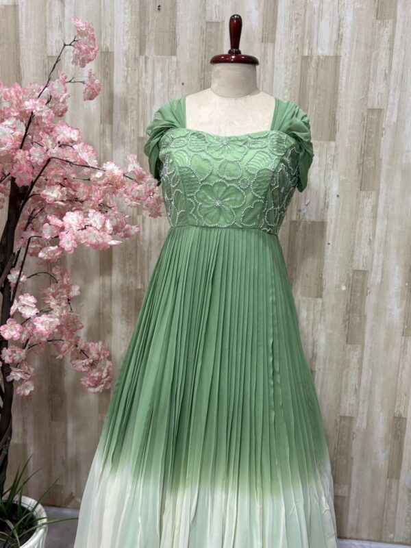 Dual shade georgette long gown with heavy flare & floral bead work on yoke part