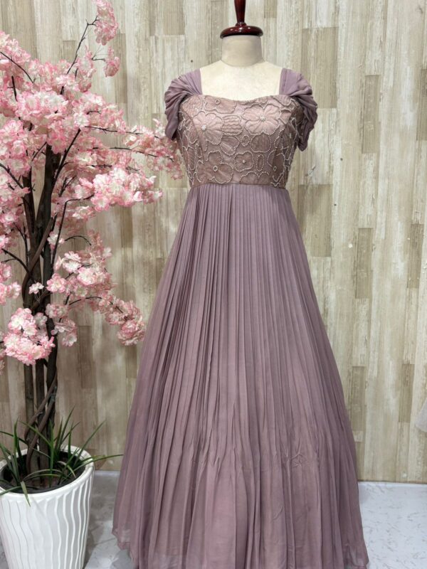 Georgette long gown with heavy flare & floral bead work on yoke part