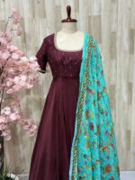 Crepe long gown with maggam work on neck & sleeves paired with kalamkari dupatta