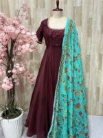 Crepe long gown with maggam work on neck & sleeves paired with kalamkari dupatta