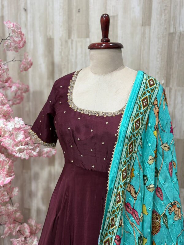 Crepe long gown with maggam work on neck & sleeves paired with kalamkari dupatta
