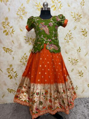Zari kota kids lehenga paired with kalamkari blouse