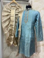 Soft tissue men's kurta with maggam work paired with dhoti & kanduva