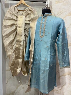 Soft tissue men's kurta with maggam work paired with dhoti & kanduva