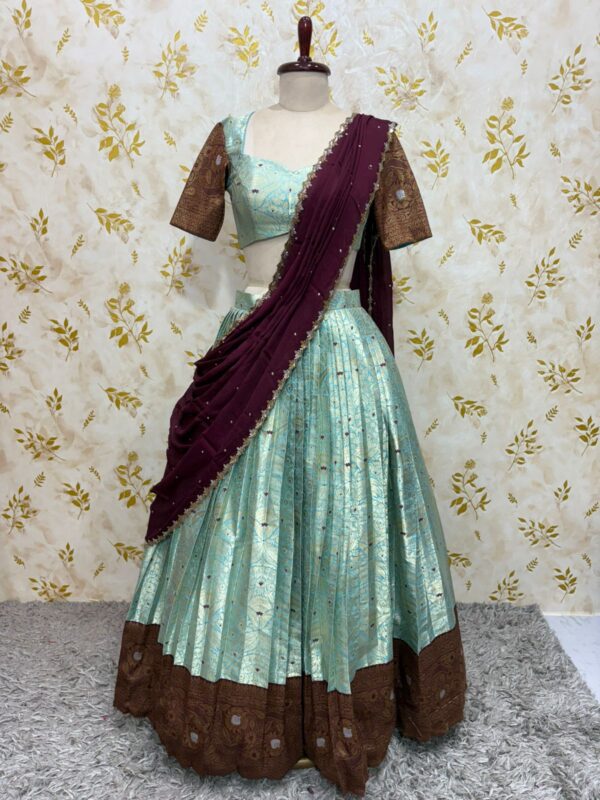 Kanchi lehenga with beautiful border paired with hand work chinnon dupatta