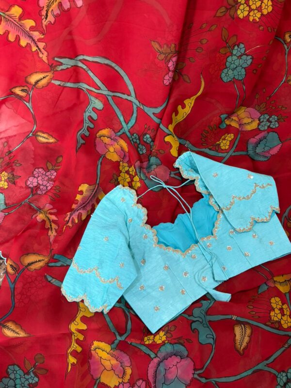 Pure hand painted pen kalamkari saree paired with beautiful maggam work blouse