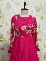 Pure chiffon long gown having all over bootis with floral yoke part