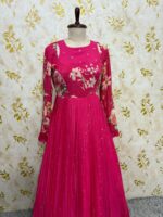 Pure chiffon long gown having all over bootis with floral yoke part