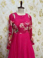 Pure chiffon long gown having all over bootis with floral yoke part