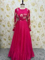 Pure chiffon long gown having all over bootis with floral yoke part