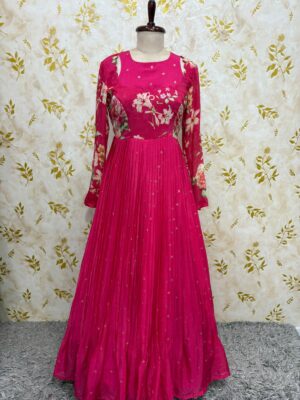 Pure chiffon long gown having all over bootis with floral yoke part