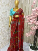 Pure hand painted pen kalamkari saree paired with beautiful maggam work blouse